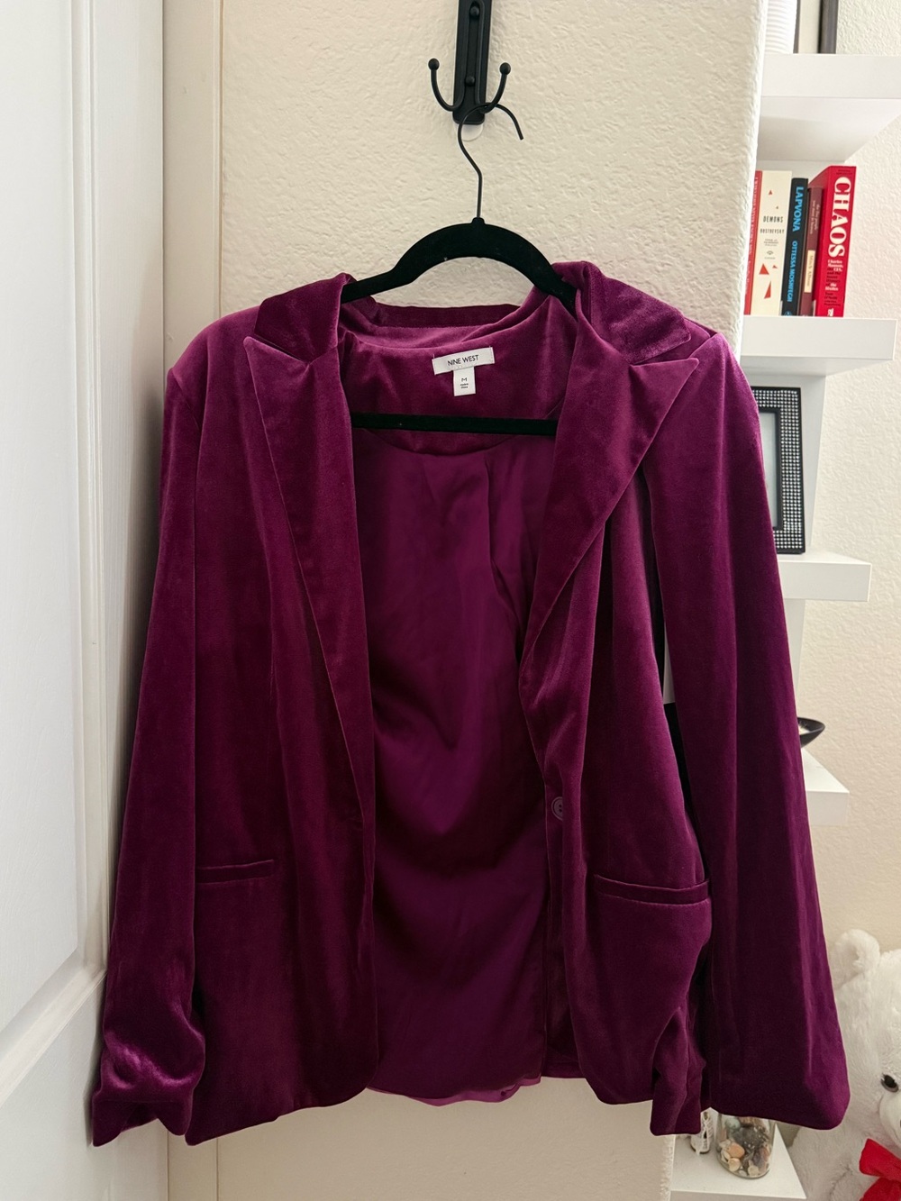Nine West Velvet Hooded Blazer in Deep Magenta